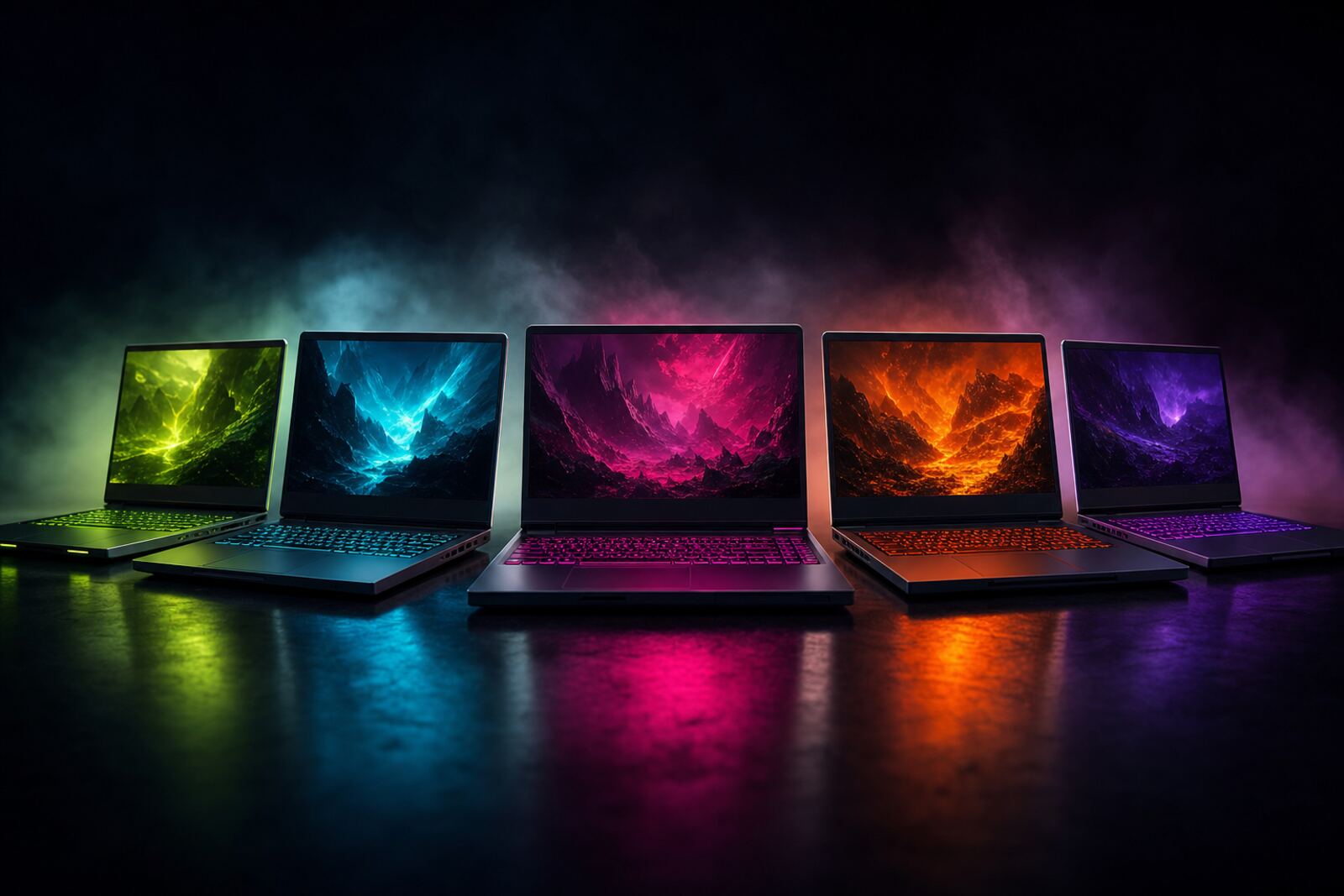 Five gaming laptops side by side, each screen lit a different colour