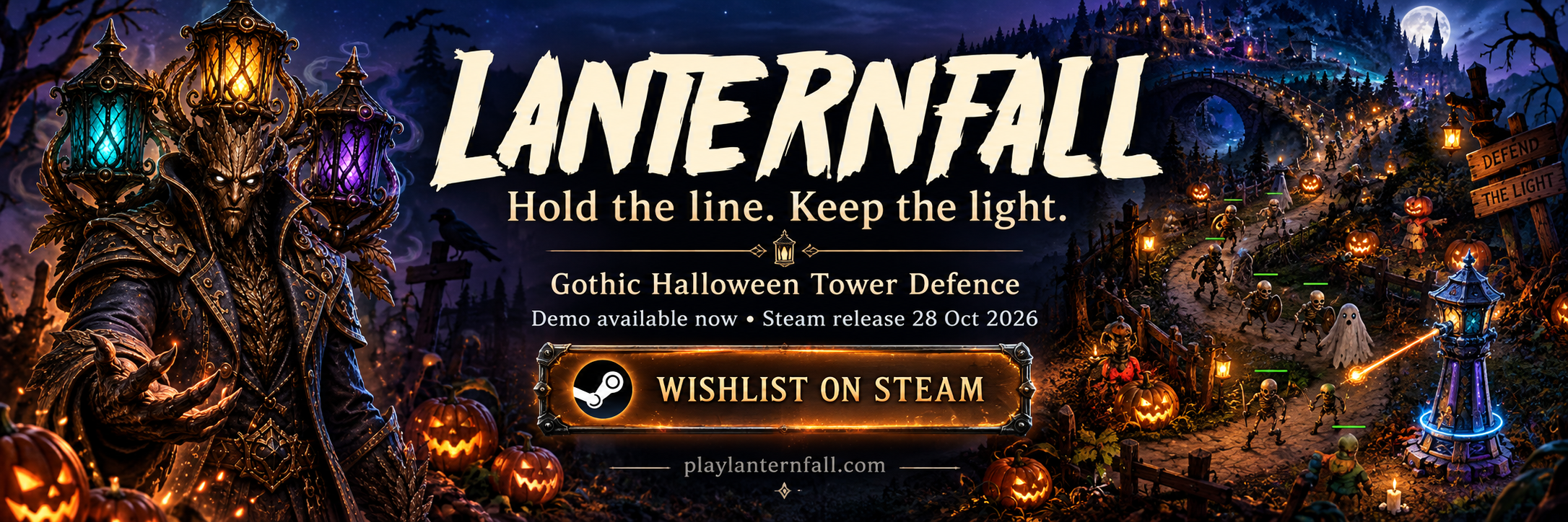 Lanternfall. Hold the line. Keep the light. Gothic Halloween Tower Defence. Demo available now. Steam release 28 Oct 2026. Wishlist on Steam.